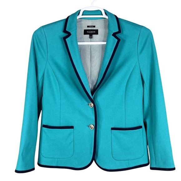 Talbots Aberdeen Womens 10 Teal Blazer Navy Trim Gold Crest Buttons Yacht Jacket - Picture 7 of 16